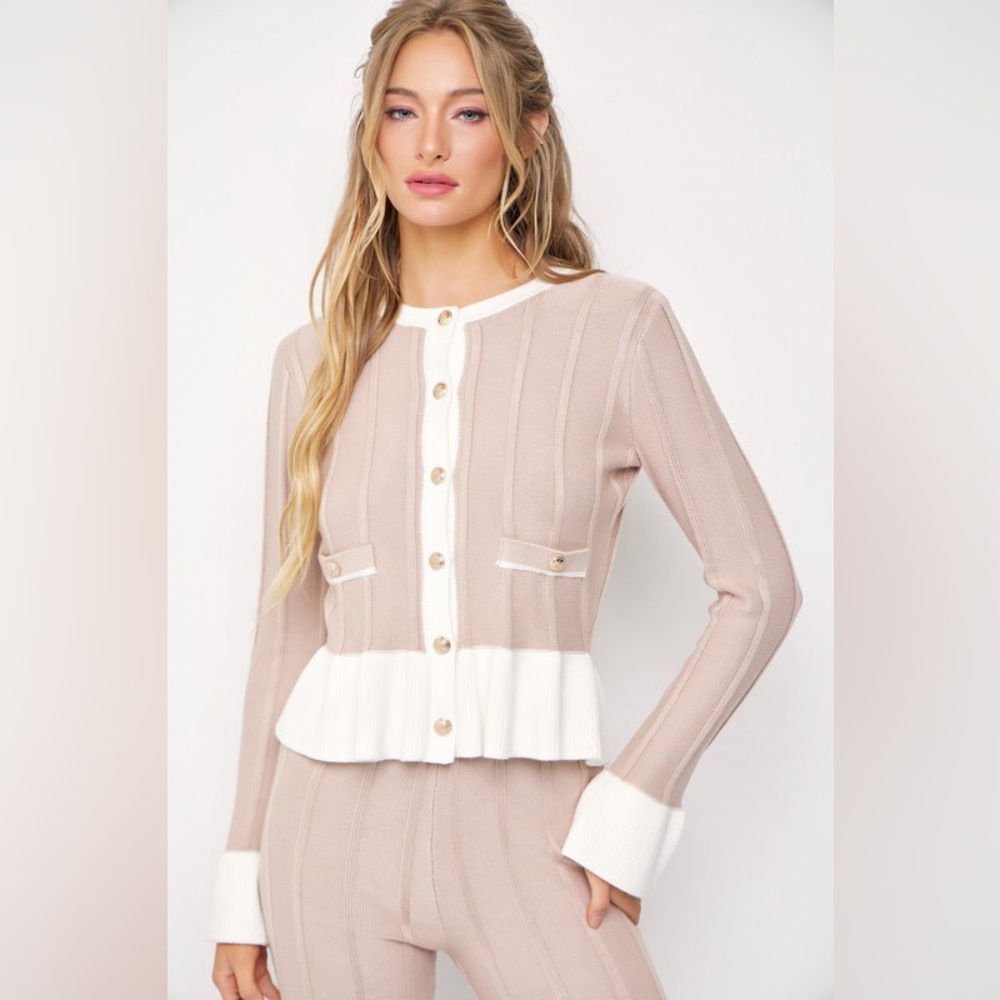 NWOT Rivir Rib Knit Ruffle Trim Cardigan and Pants Set - Picture 3 of 6
